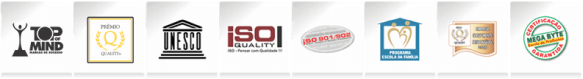 Logos de Certificações - Logos da esquerda para direita: Top of mind, Prêmio Quality, UNESCO, ISOI Quality, ISO 901/902, Programa Escola da Família, Consagração Empresarial e Certificação EBEA Byte 